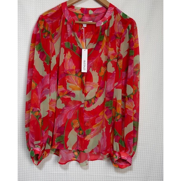 NWT Chicos Blouse Womens Size 3 L Georgette Flame Red Fiesta Floral Top Button n - Picture 10 of 10